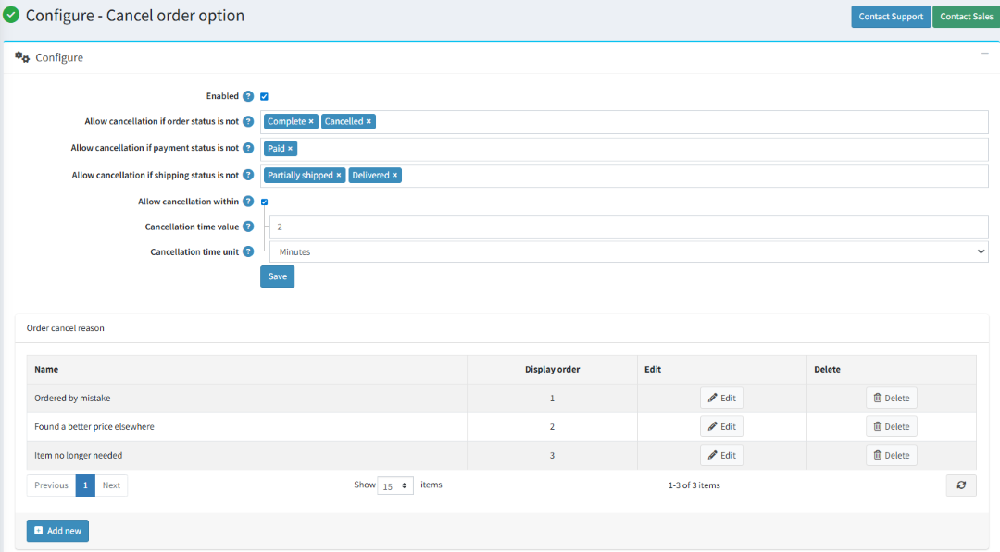 Cancel order option configuration page
